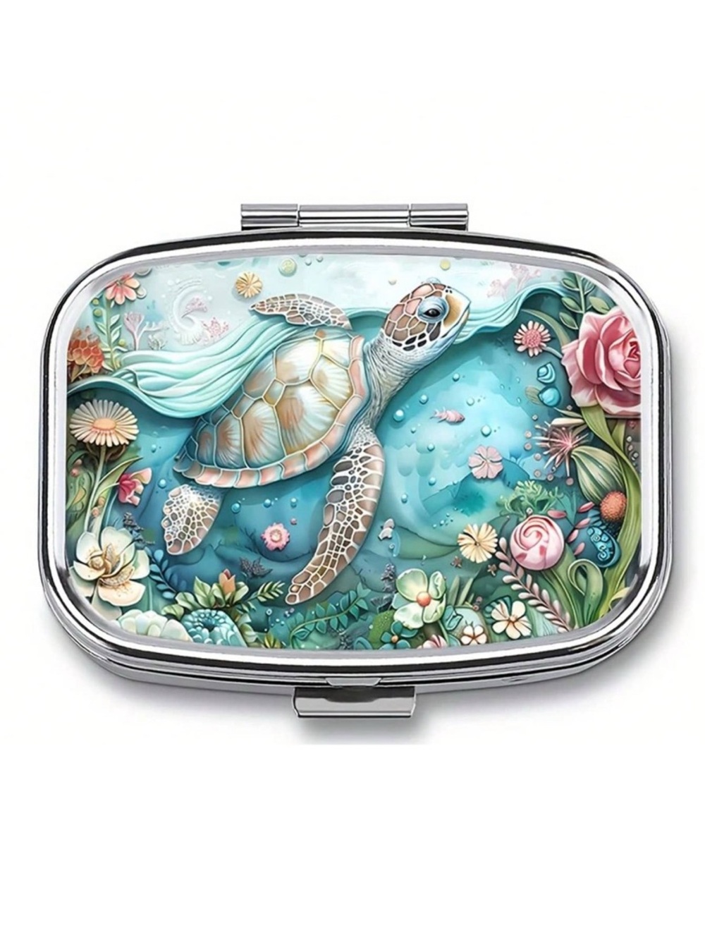 Metal Pill Box Sea Turtles Underwater Scene